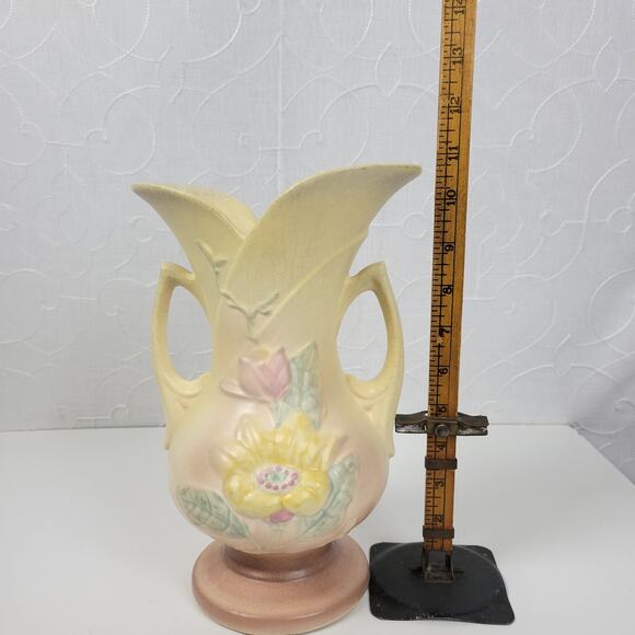 VTG Hull Pottery Magnolia Flower Vase Footed Matte‎ Yellow 2 Handle Art Nouveau - Picture 12 of 16